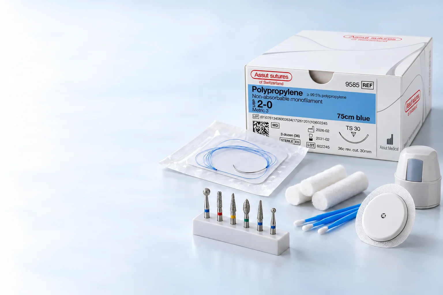 Composition d’ambiance : sutures Assut Medical, fraises et consommables dentaires, capteur de glucose. Visuel illustratif.